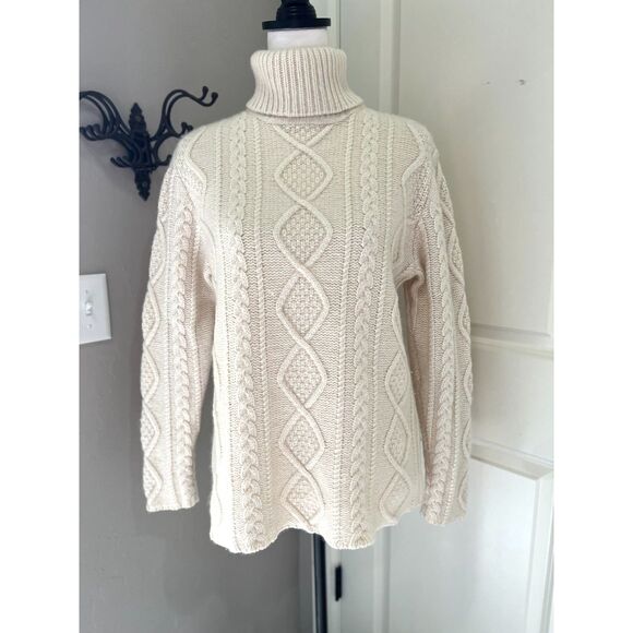 Eddie Bauer Wool Blend Cable Knit Turtleneck Sweater Ivory Women’s Size M - Picture 2 of 11
